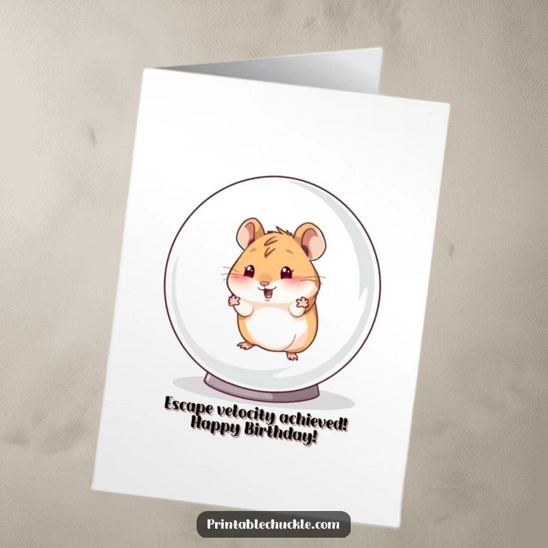 Funny Free Printable Birthday Card: Hamster hilariously breaking free from its giant hamster ball, ready for a party.