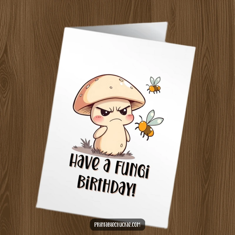 Funny Free Printable Birthday Card: Grumpy mushroom comically swatting at a tiny buzzing fly, a relatable birthday annoyance.