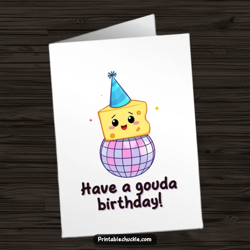 Funny free printable birthday card, a slice of cheese in a party hat spinning wildly on a disco ball.