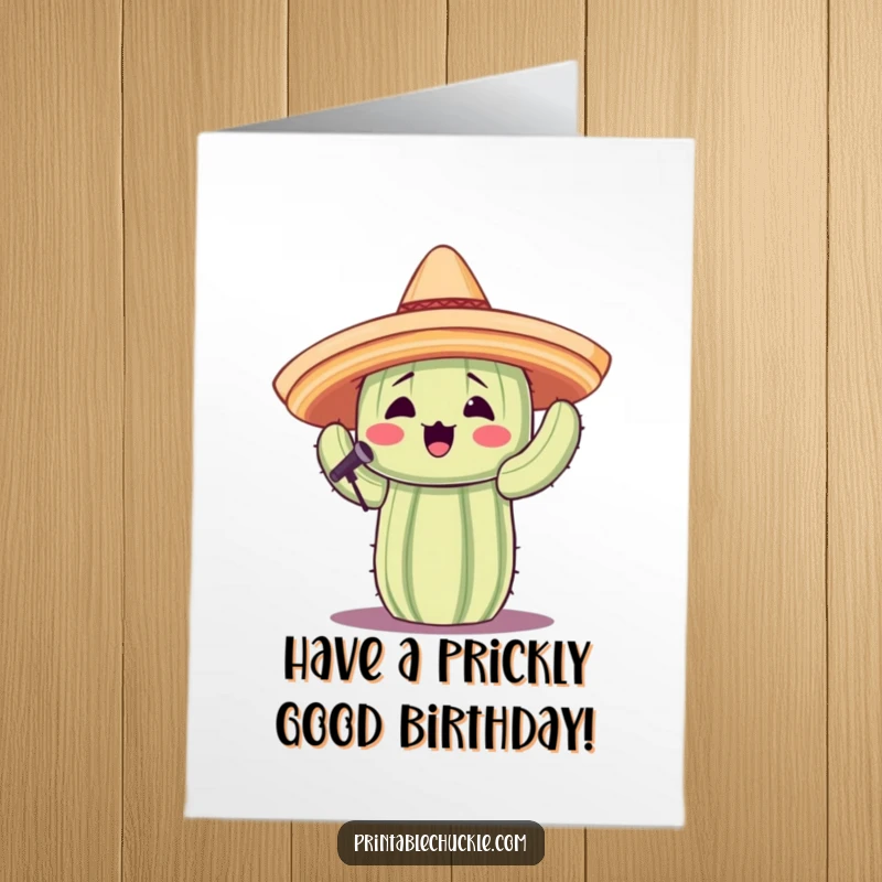Funny Free Printable Birthday Card: A jolly cactus wearing a tiny sombrero belts out a birthday tune.