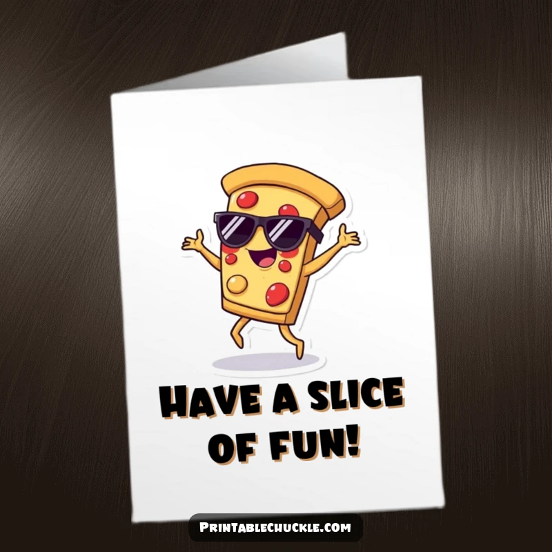 Funny Free Printable Birthday Card: A pizza slice wearing sunglasses dances with breakdance moves, bringing a fun, cheesy celebration.