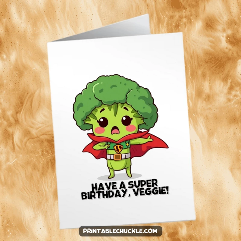 Funny Free Printable Birthday Card: Surprised broccoli wearing a red superhero cape, looking ready for adventure.