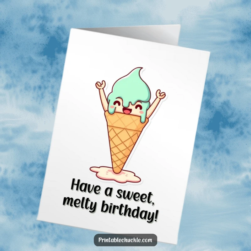 Funny Free Printable Birthday Card: Melting ice cream cone celebrating its gooey state, joyful.