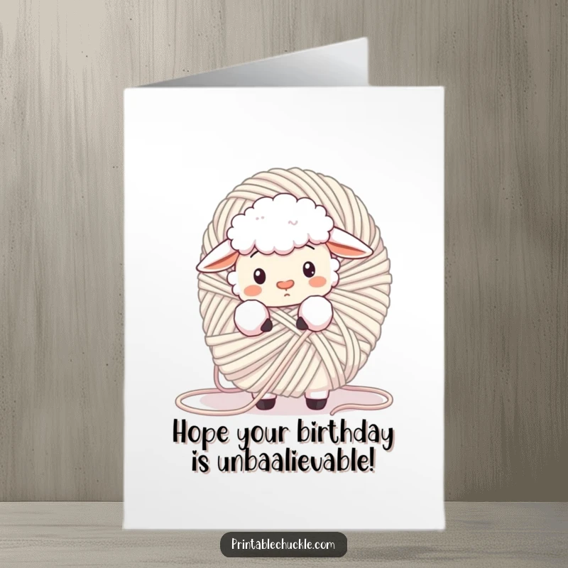 Funny free printable birthday card showing a fluffy sheep hilariously tangled in a giant ball of yarn, looking utterly confused. Cozy fun!