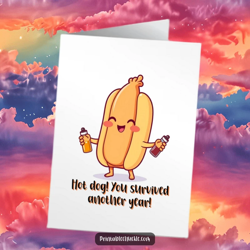 Funny Free Printable Birthday Card featuring a smiling hot dog expertly juggling tiny ketchup and mustard bottles with glee.