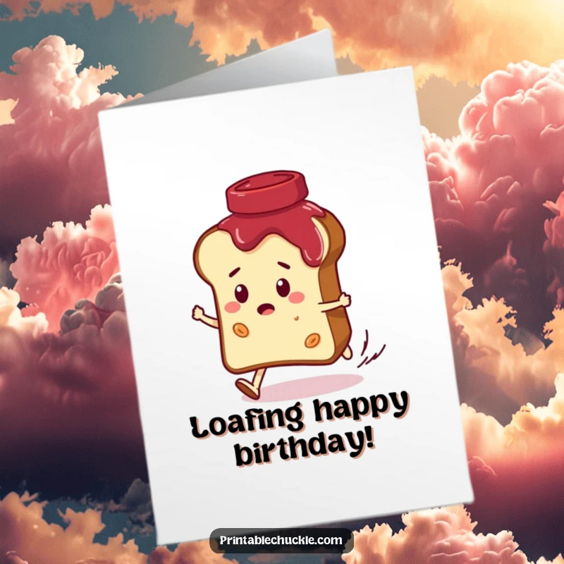 Funny free printable birthday card: a panicked bread slice character running from a giggling jar of jam, a delightful chase.