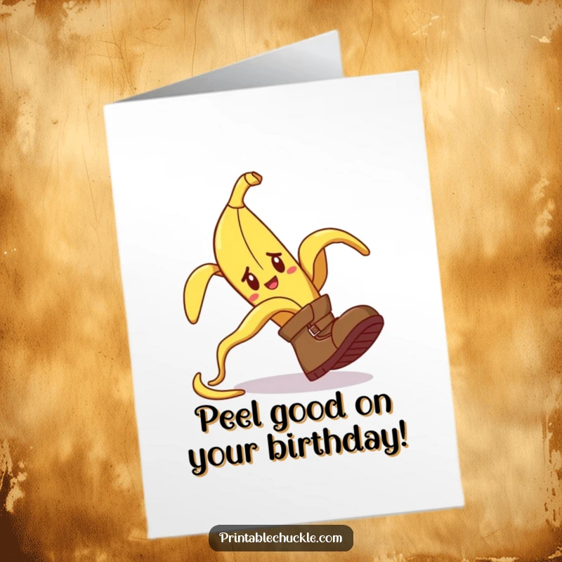 Funny Free Printable Birthday Card: Confused boot comically tripping over a runaway banana peel, perfect for a laugh.