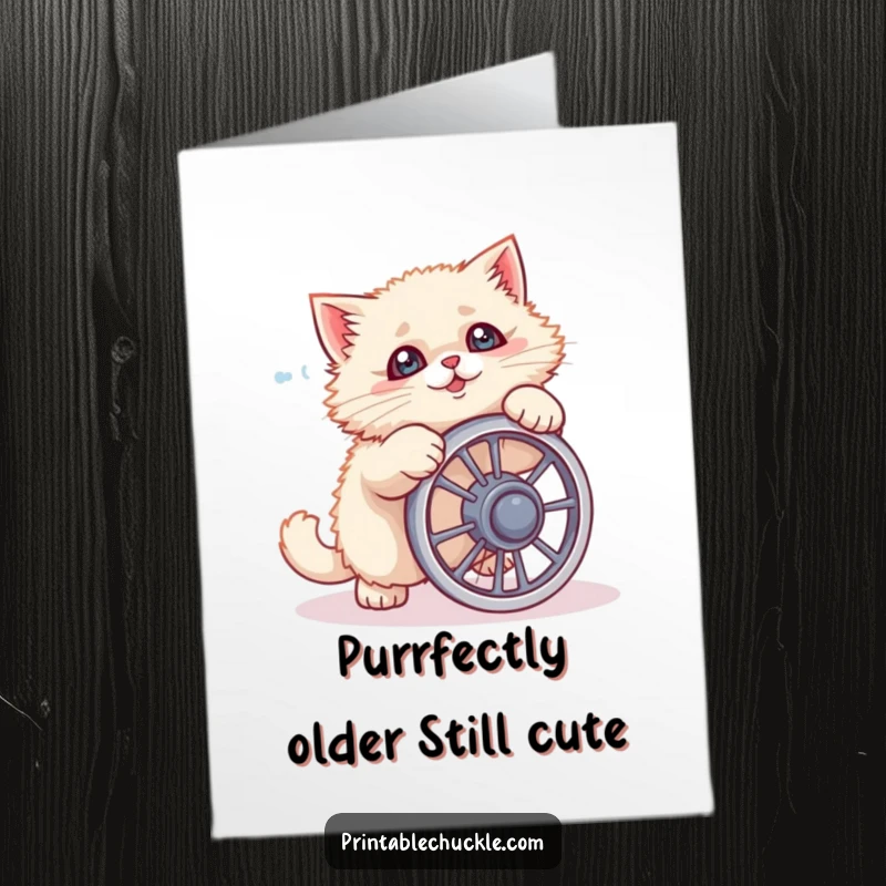 Funny Free Printable Cat Birthday Card: A fluffy cat comically failing at using a tiny ab wheel, mid-tumble.