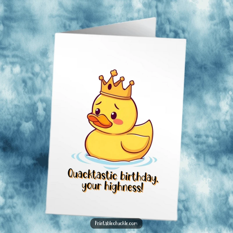 Funny Free Printable Birthday Card: Confused rubber duck wearing a tiny crown, floating aimlessly, ready to party.