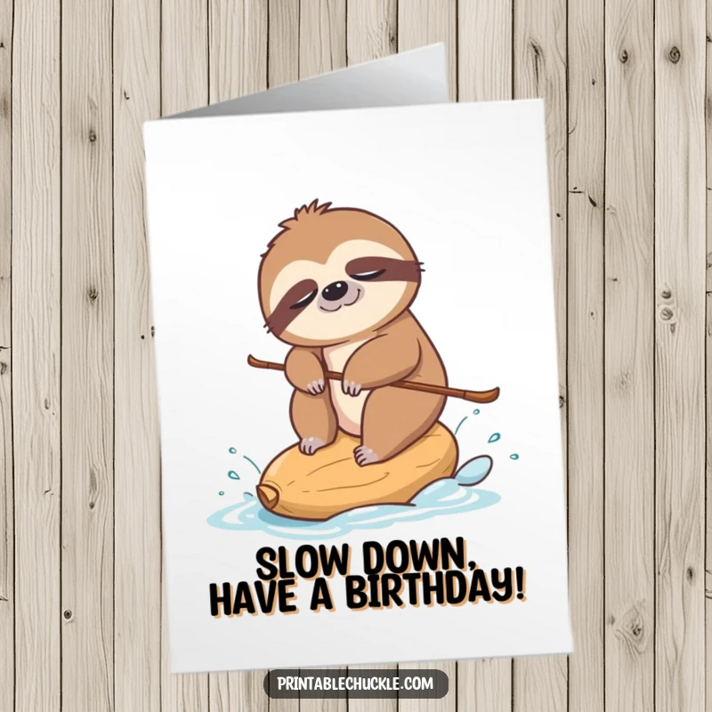 Funny free printable birthday card: a sleepy sloth humorously attempting to water ski on a tiny cashew nut.