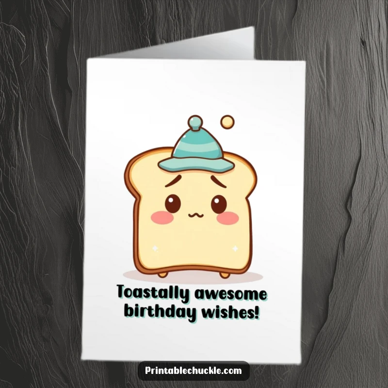 Funny Free Printable Birthday Card featuring a bewildered piece of toast wearing a tiny hat crookedly, ready to party.