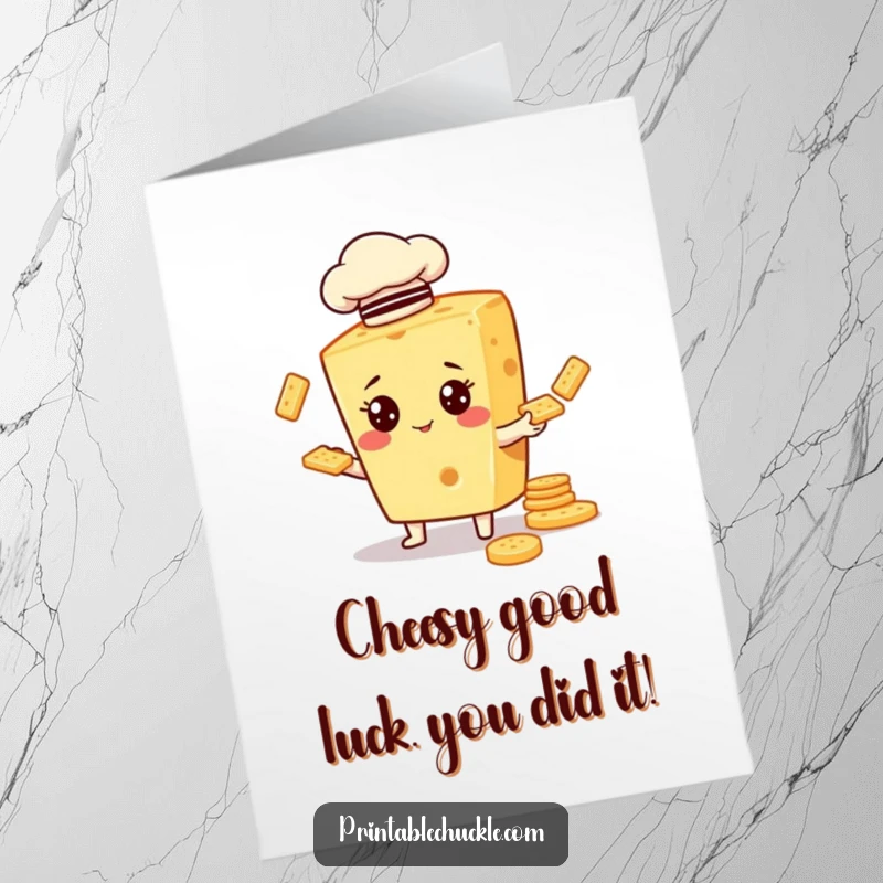 Funny Free Printable Congrats Card: Cheese chef expertly juggling crackers, celebrating success with a comical culinary flair.