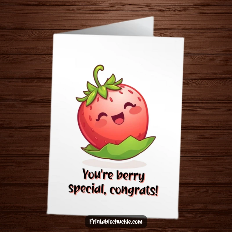 Funny Free Printable Congratulations Card: A blissfully happy strawberry tries to serenely float using its own leaf as a raft.