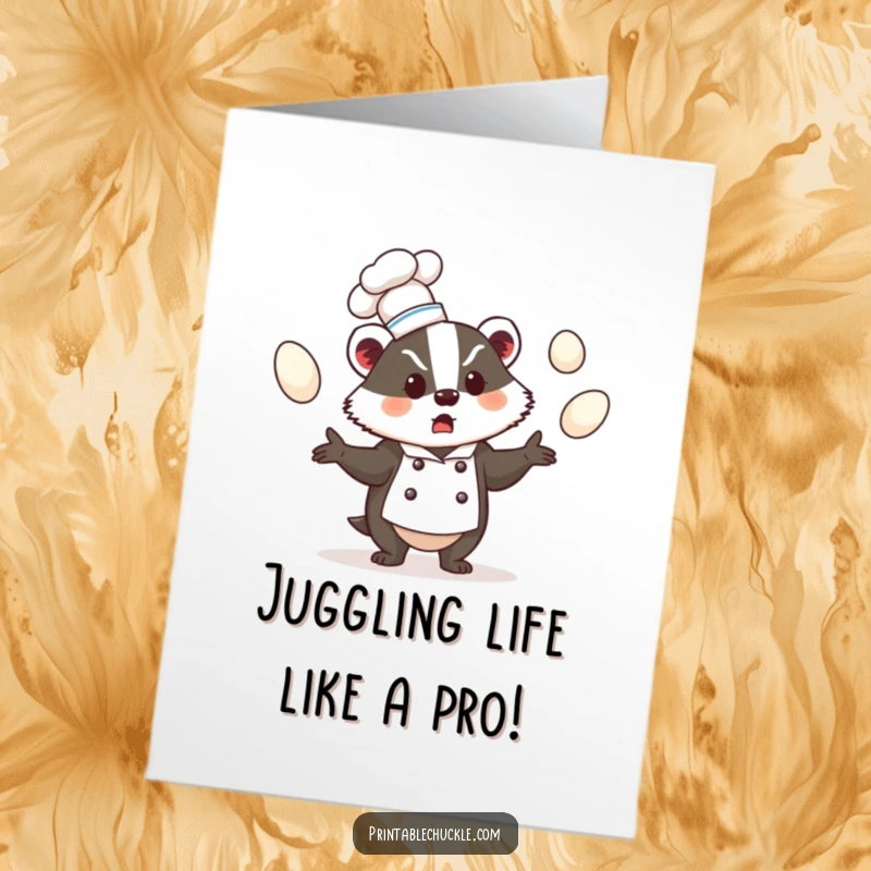 Funny Free Printable Congratulations Card: Bewildered badger chef in a tiny hat, juggling eggs, a hilarious downloadable gift.