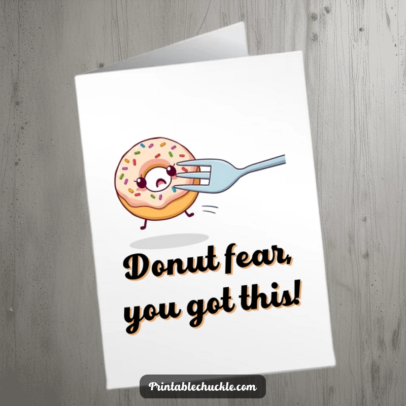 Funny Free Printable Congratulations Card: Donut joyfully escaping a giant fork, sprinkles flying, looking relieved.
