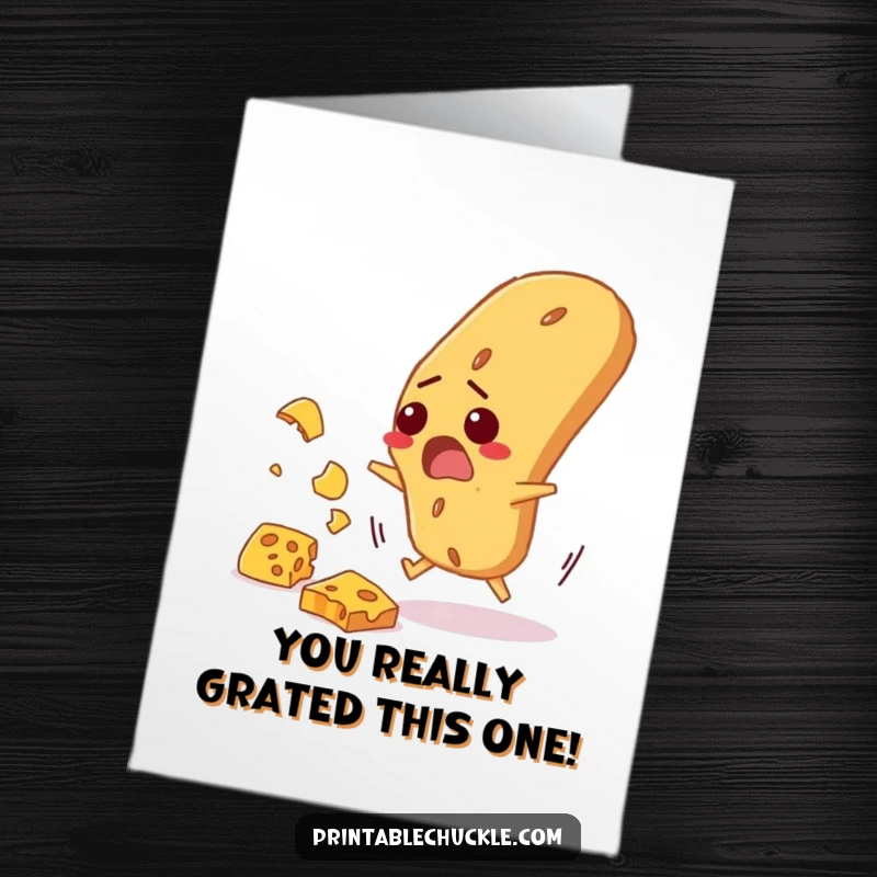 Funny Free Printable Congrats Card: Startled baguette frantically dodging falling cheese, celebrating a successful escape from peril.