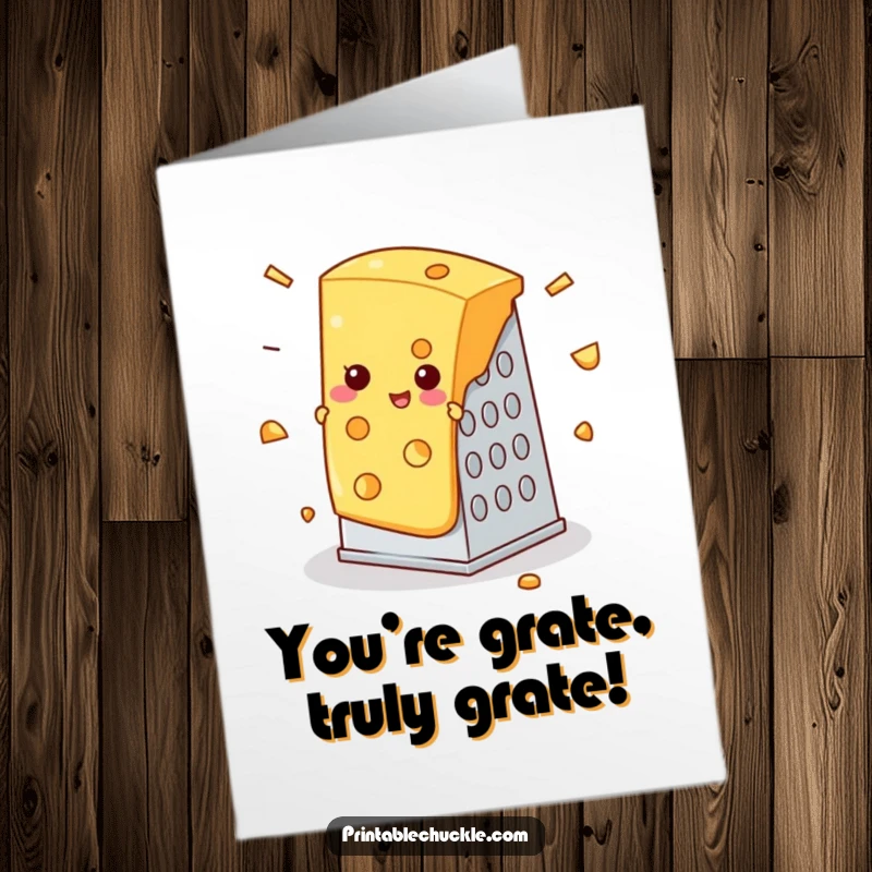 Funny Free Printable Congratulations Card: Slice of cheese caught in a cheese grater mishap, a hilarious downloadable cheesy success gift.