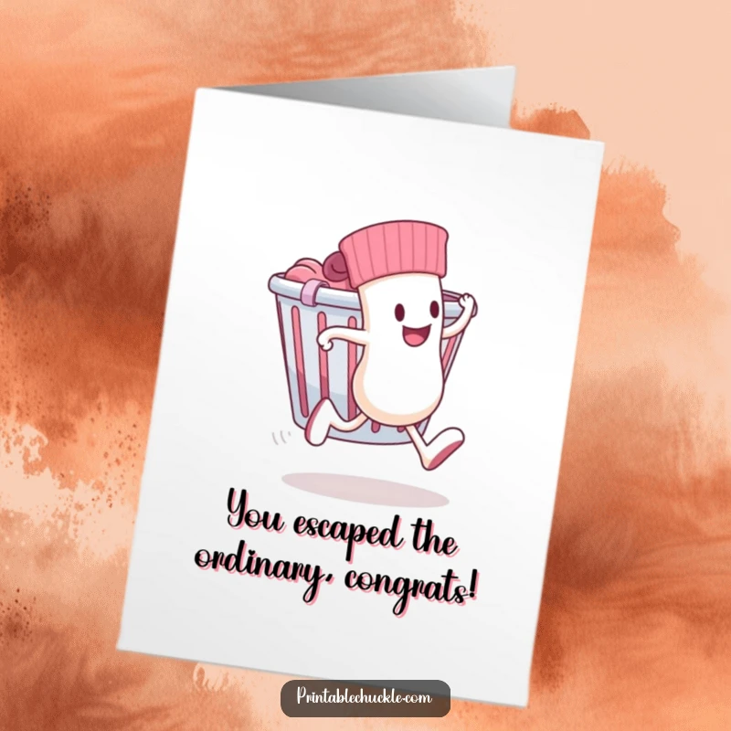 Funny Free Printable Congrats Card: A sock with legs runs from a laundry basket, symbolizing a hilarious escape in downloadable art.