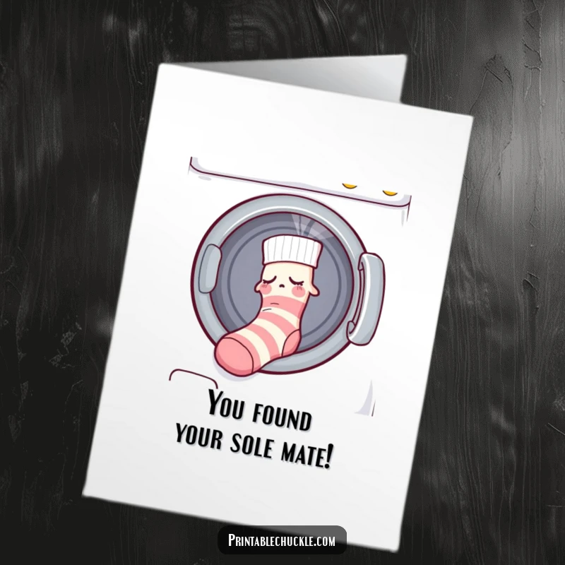 Funny Free Printable Congrats Card: Sleepy sock being tugged towards a dryer, celebrating escape with humor.