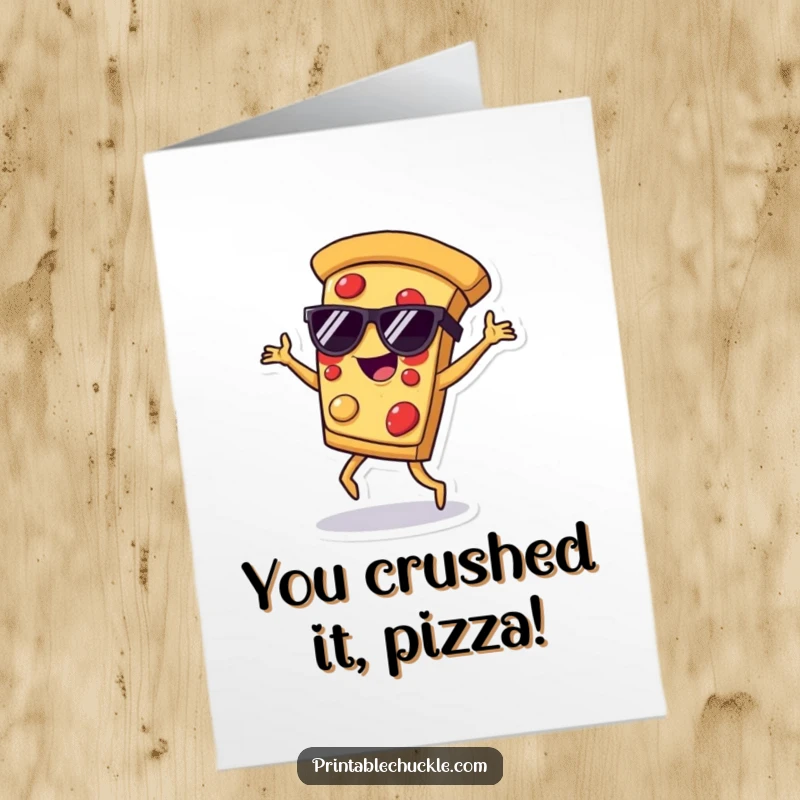 Funny Free Printable Congrats Card: A pizza slice in sunglasses busts a move, celebrating a fantastic achievement with cheesy flair.