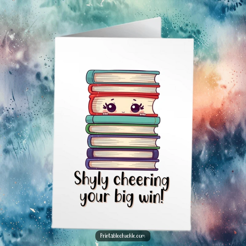 Funny Free Printable Congratulations Card: a shy book peeking out from behind a stack, suitable for any achievement.