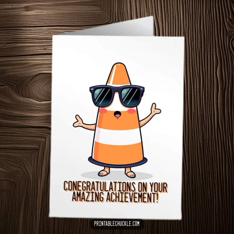 Funny Free Printable Congratulations Card: a bewildered traffic cone wearing sunglasses attempts to salsa, celebrating success.