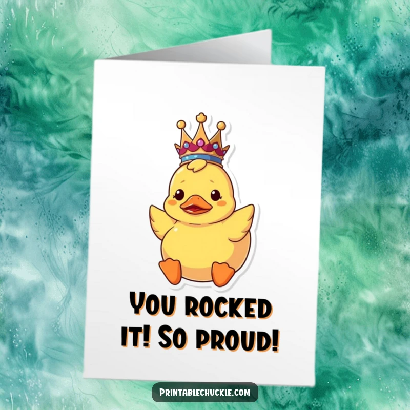 Funny Free Printable Congrats Card: A rubber duck wearing a tiny crown is hilariously confused while floating upside down.
