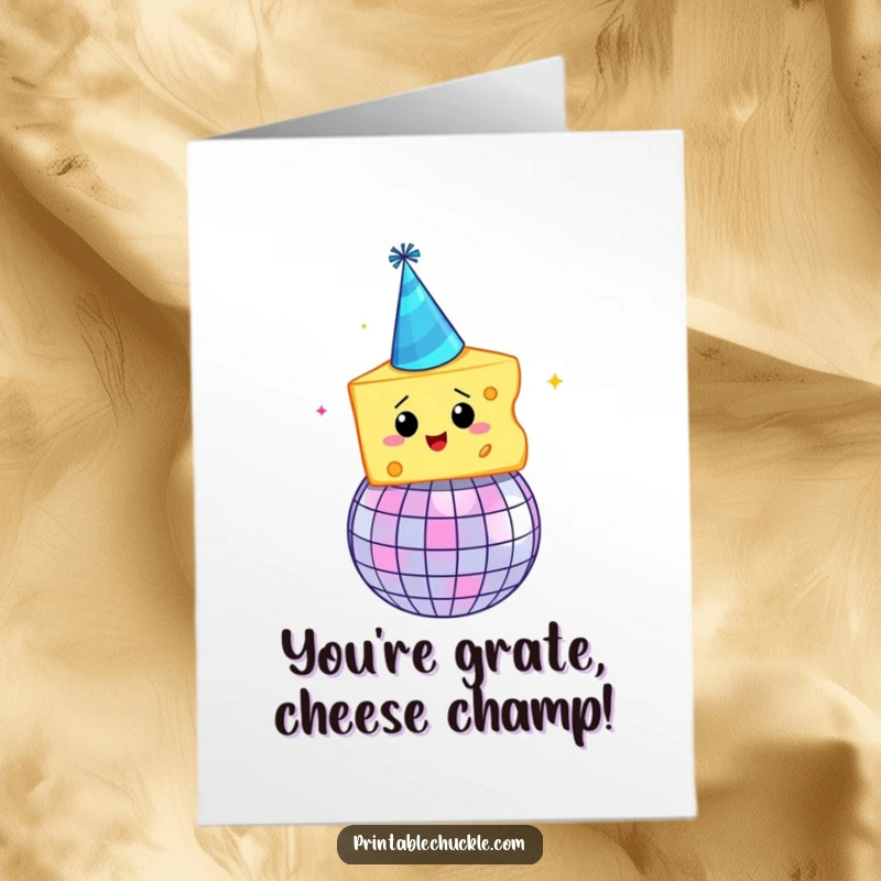 Funny free printable congratulations card, slice of cheese with a party hat spinning on a disco ball, celebrating success.