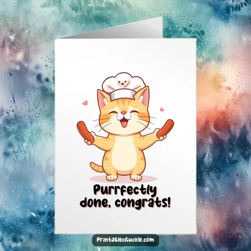 Funny free printable congratulations card with a cat chef wearing a tiny hat juggling hot dogs in the air.