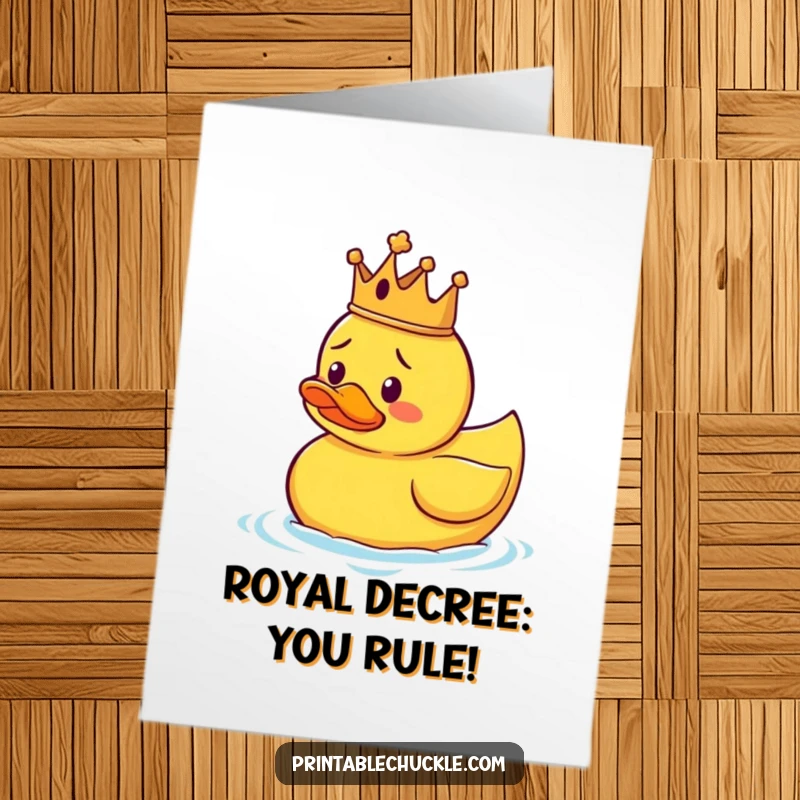 Funny Free Printable Congratulations Card: A rubber duck sporting a tiny crown, looking lost but regal.