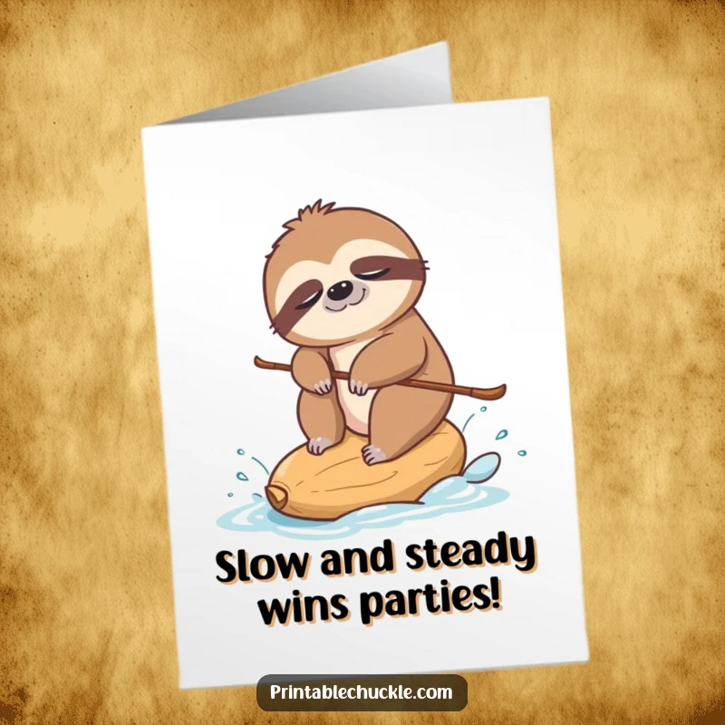 Funny free printable congratulations card: a sloth looking sleepy while attempting to water ski on a single cashew nut.