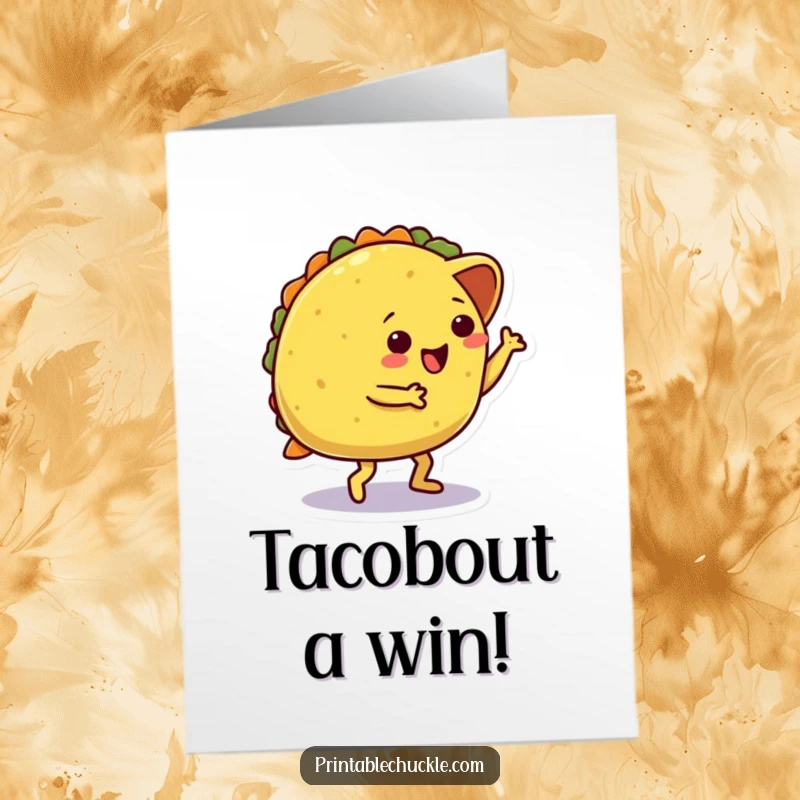 Funny free printable congratulations card depicting a taco mid-trip, symbolizing a humorous take on overcoming challenges or celebrating wins.