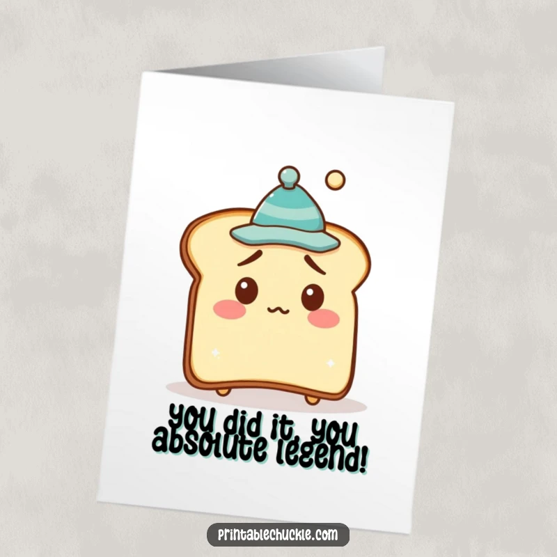 Funny Free Printable Congratulations Card showing a bewildered toast with a tiny hat askew, celebrating achievements.