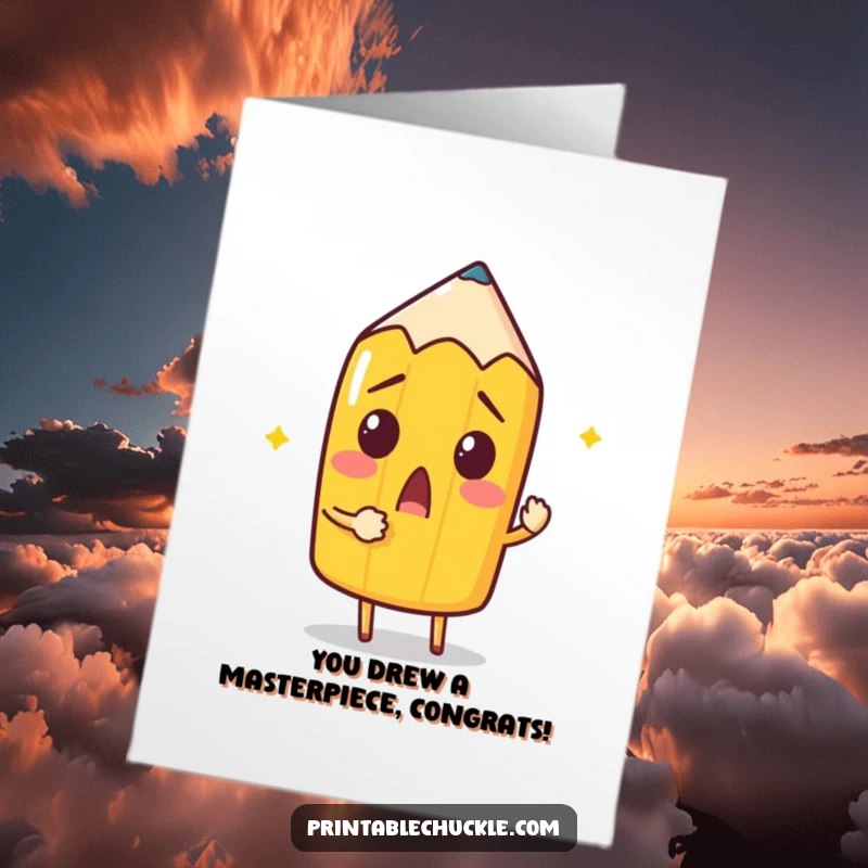 Funny Free Printable Congratulations Card: Surprised pencil drawing itself, celebrating an artistic achievement.