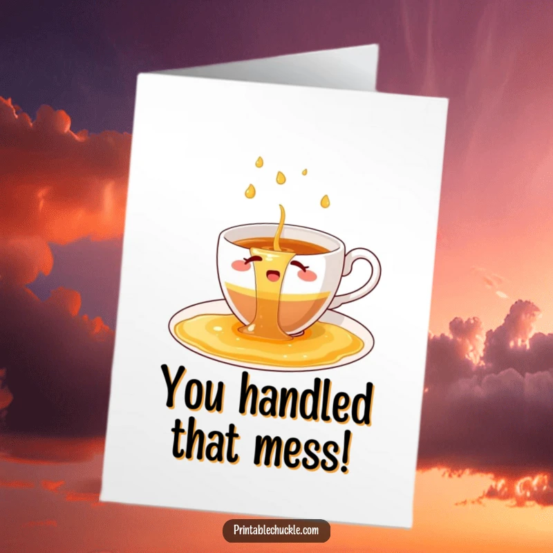 Funny Free Printable Congratulations Card featuring a bewildered teacup overwhelmed by a cascade of spilled tea.