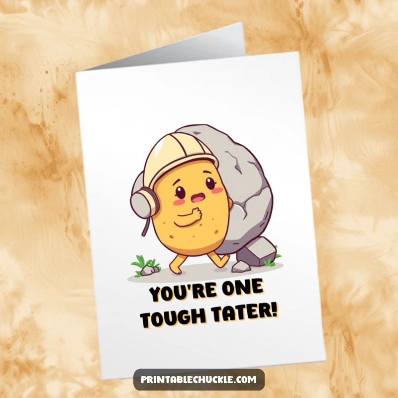 Funny free printable congratulations card: Determined potato in helmet pushes a giant boulder, a strong DIY gift.