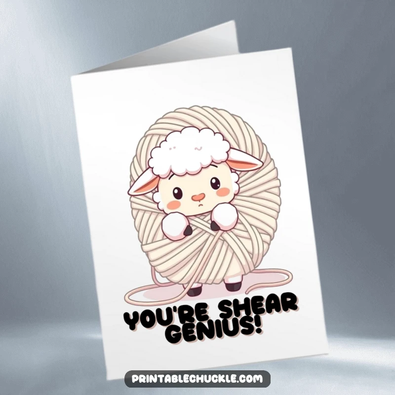 Funny free printable congratulations card featuring a fluffy sheep tangled in a giant ball of yarn, looking confused about a woolly achievement.
