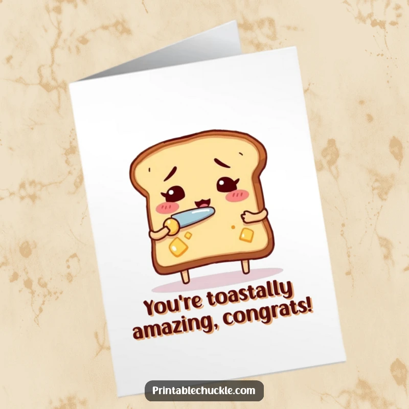 Funny Free Printable Congratulations Card: A nervous toast attempts to butter itself with a comically small knife.