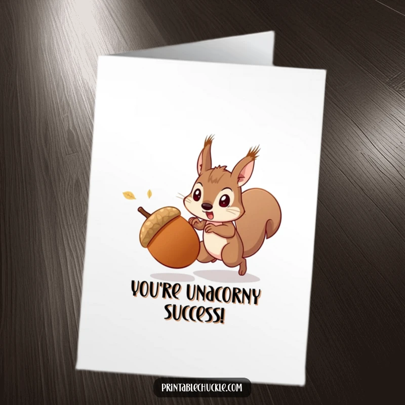 Funny Free Printable Congrats Card: An acorn bolts from a persistent squirrel, symbolizing overcoming challenges to achieve congratulations.