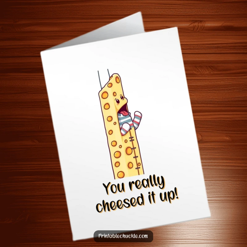 Funny Free Printable Congrats Card: A sock puppet character shows fierce determination climbing a skyscraper made of cheese.