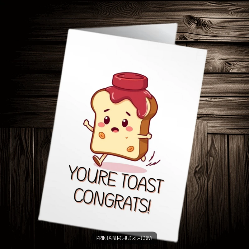 Funny free printable congratulations card showing a bread slice character being chased by a giggling jar of jam, a comical pursuit.