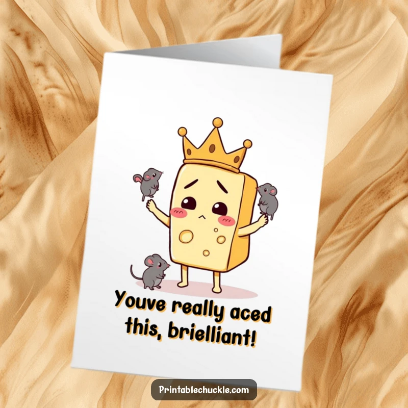 Funny Free Printable Congrats Card: Confused cheese king wearing crown juggles mice, a bizarre and humorous congratulatory art.