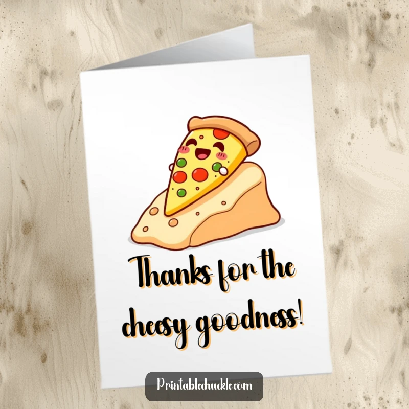 Funny Free Printable Thank You Card: A jubilant pizza slice slides down a cheesy landscape, offering cheesy thanks.