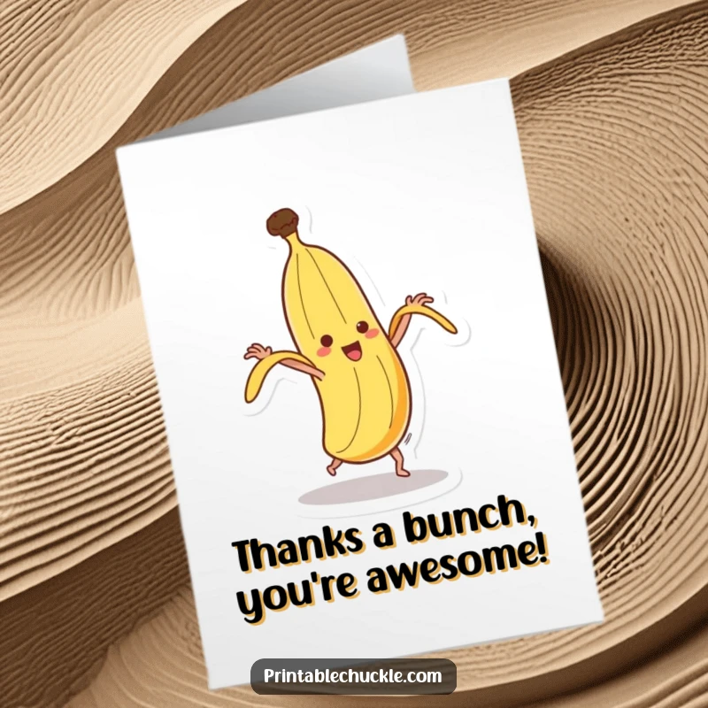 Funny Free Printable Thank You Card: A dancing banana spins joyfully, attempting a self-peeling dance.