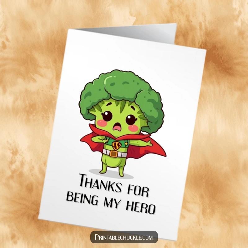 Funny Free Printable Thank You Card: Broccoli wearing a superhero cape, looking surprised but thankful.