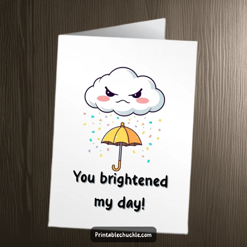 Funny free printable thank you card, a grumpy cloud raining colorful confetti down on a tiny, happy umbrella.