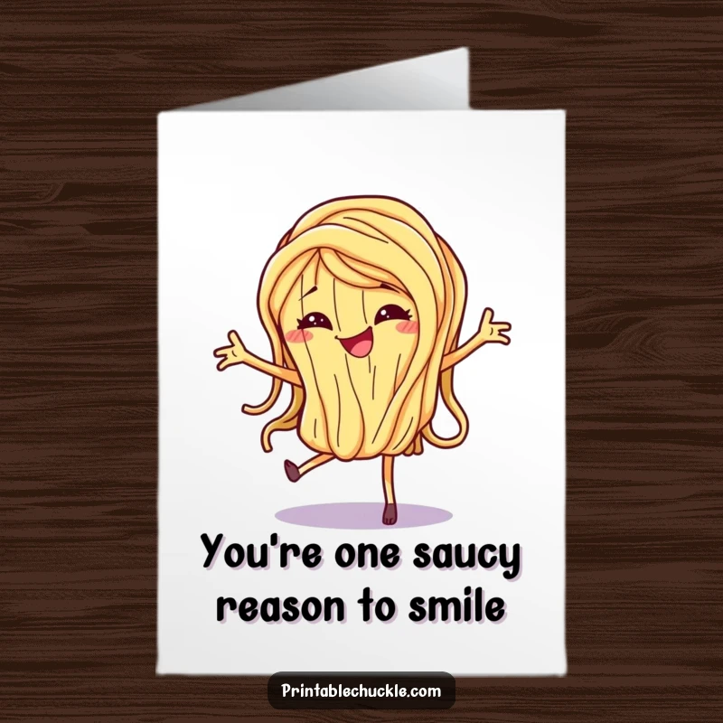 Funny Free Printable Thank You Card featuring a dancing spaghetti noodle with a mischievous grin, showing thanks.