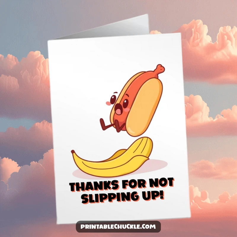Funny Free Printable Thank You Card: A surprised banana peel leading to a hot dog’s near-fall, a humorous way to say thanks.