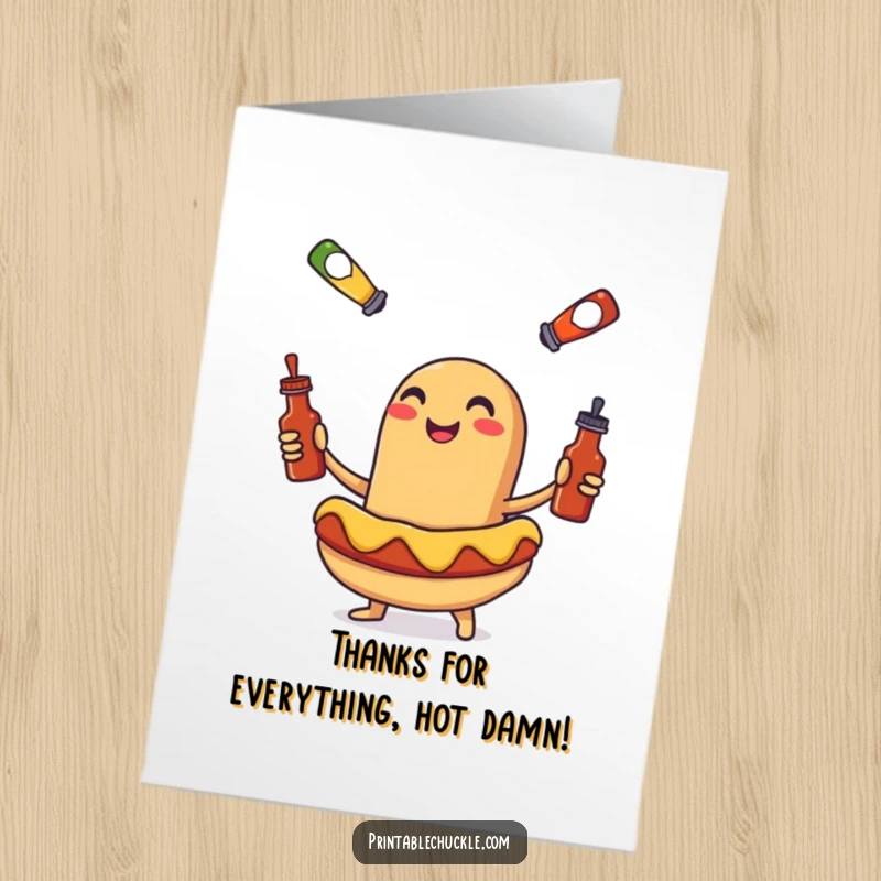 Funny Free Printable Thank You Card: A happy hot dog juggling small bottles of ketchup and mustard.
