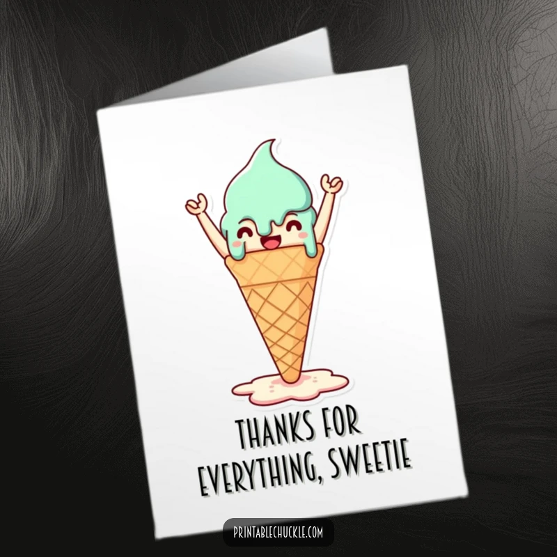 Funny Free Printable Thank You Card: Melting ice cream cone celebrating, expressing thanks.